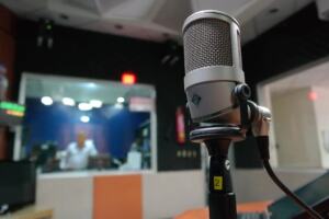 Radio broadcasting studio with microphone