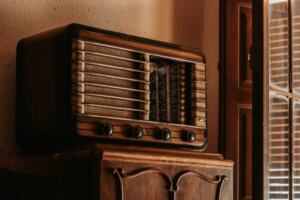 Vintage radio on a shelf